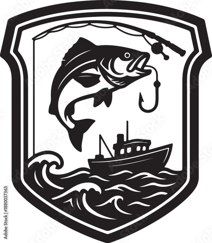 Black and white fishing boat and fish emblem 1