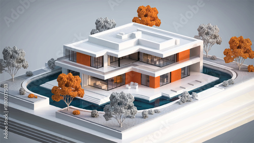 Modern luxury house with pool and trees on a raised plot