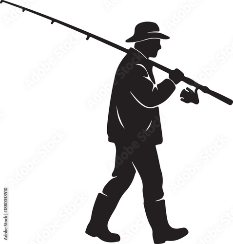 Silhouette of a person walking with a fishing rod and hat