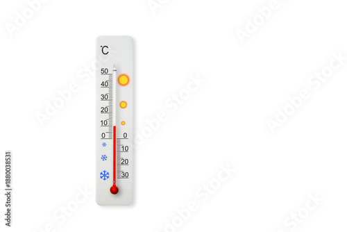 White celsius scale thermometer isolated on white background. Ambient temperature plus 10 degrees celsius