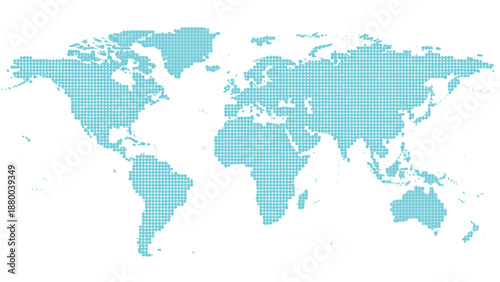 Abstract world map illustration created using many small cyan dots representing global connection and geography