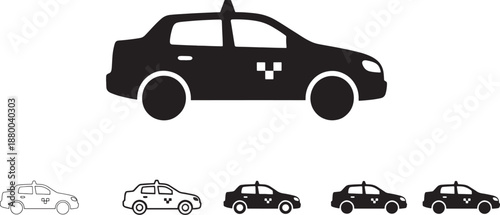 Taxi and cab car icon set in thin line, bold outline, flat, rounded, and solid silhouette styles for transport apps, navigation UI, travel platforms, and urban mobility branding