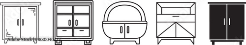 Wardrobe and storage cabinet icon set in thin line, bold outline, rounded minimal, geometric, and silhouette styles for furniture UI, home apps, and interior design