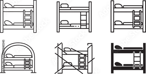 Bunk bed icon set in thin line, bold outline, rounded minimal, geometric, and silhouette styles for furniture apps, hostel visuals, and home interior graphics