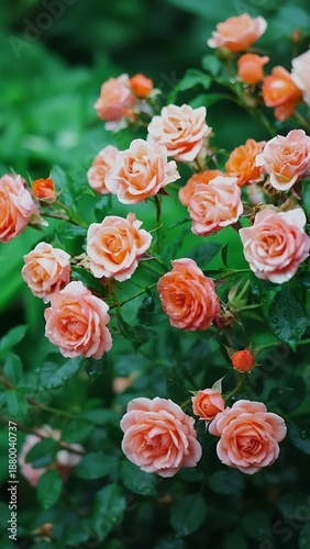 A close up view of delicate peach and light pink roses blossoming amidst lush green foliage a romantic scene