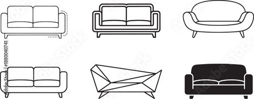 Modern sofa couch icon pack in thin line, bold outline, rounded, geometric and solid styles for furniture stores, interior apps, home decor branding and UI components