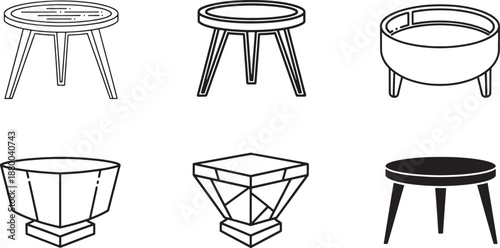 Modern round and geometric table icon set in thin line, bold, rounded minimal, polygonal and solid styles for furniture UI kits and interior design visuals