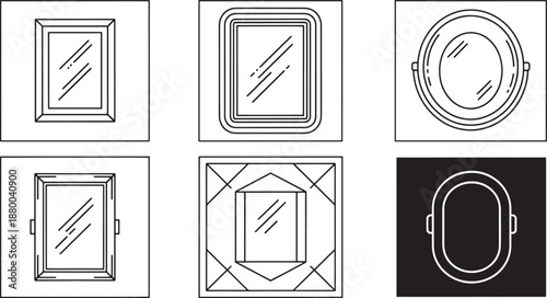 Wall mirror and vanity mirror icon set in thin line, bold outline, rounded minimal, geometric, and silhouette styles for interior design apps, furniture UI, and decor branding