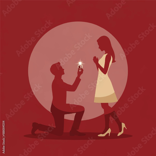 Man proposing to woman with diamond ring in romantic gesture illustration