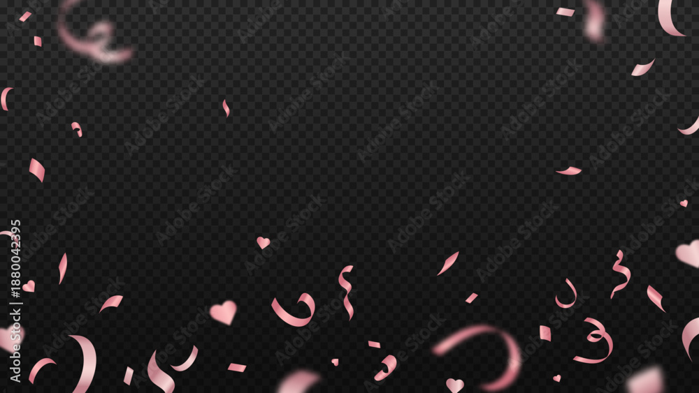 Fototapeta premium Romantic pink confetti and hearts falling on dark transparent background for party design.