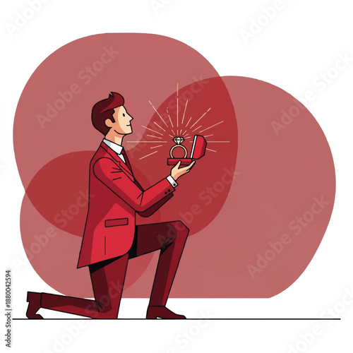 Man kneeling and proposing with a ring box in hand, illustration of a romantic gesture