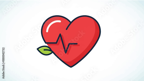 Healthy Heartbeat Icon with Leaf: Cardiology, Pulse, Life, Health, Wellness, Medical Symbol