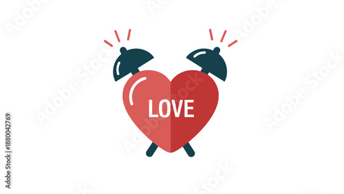 Alarm Clock Heart with LOVE Text, Time for Love Concept, Red and White
