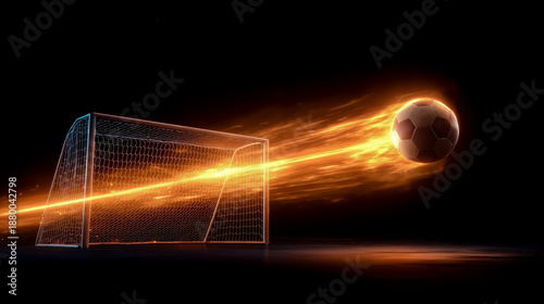 A soccer ball is depicted in mid-air with a fiery trail behind it as it approaches a goal net