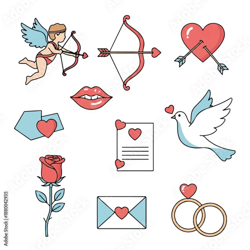 A vibrant set of Valentine's Day icons featuring Cupid, hearts, and symbols of love from an aerial viewpoint