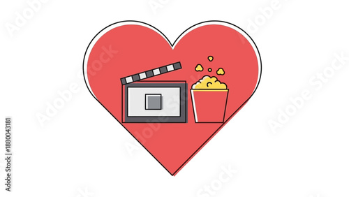 Heart with Movie Clapperboard and Popcorn Icon - Love Cinema Concept