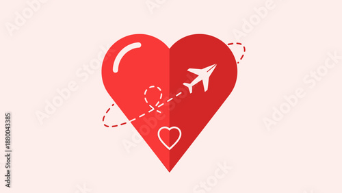 Romantic travel concept: heart with airplane and dotted travel line on light background