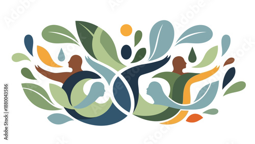 Vector illustration of a family and abstract group of people surrounded by natural green leaves and floral branch elements for a spring beauty design