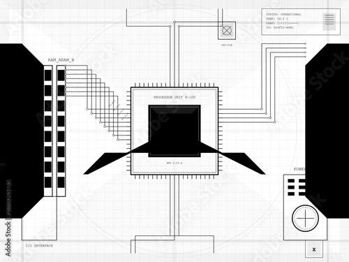 A processor unit with various components and connections. It includes RAM units, input-output interface, and power management elements depicted in a technical layout.