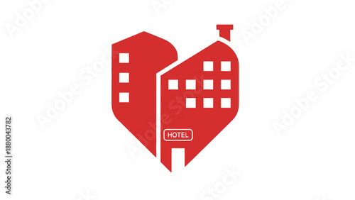 Heart Shaped Hotel Building Icon, Red Silhouette, Love Travel Symbol