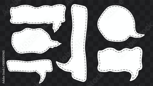 Set of various hand-drawn white speech bubbles and thought clouds with dashed outlines on a transparent background, ideal for comic or design elements.