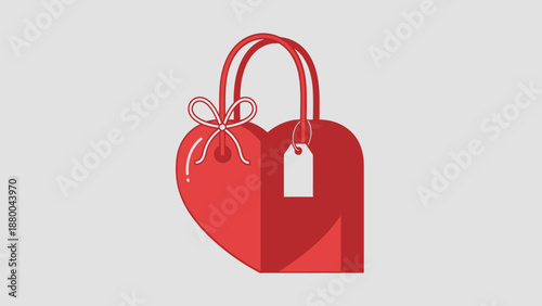 Red heart shopping bag with gift tag and ribbon, Valentine's Day gift concept