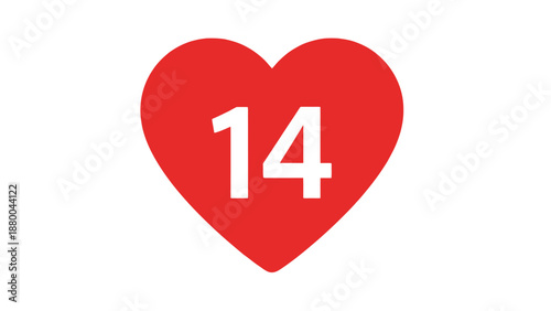 Red Heart Icon with Number 14 Inside, Social Media Like Symbol