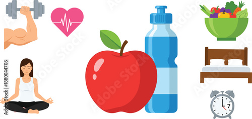 Healthy lifestyle illustration set featuring fitness exercise nutrition hydration sleep meditation and 