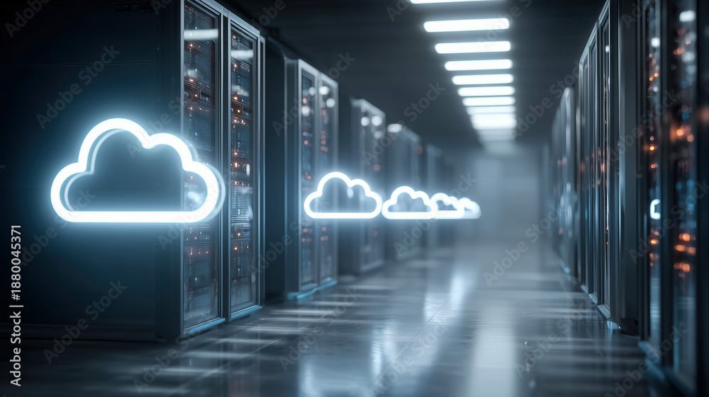Fototapeta premium Glowing cloud symbols in a dark server room data center