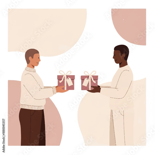 Two men exchanging gifts in a gesture of mutual appreciation and friendship