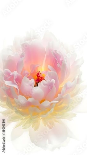 A stunning close up reveals the delicate petals of a blush pink and white peony in full bloom on a