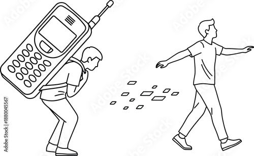 Man struggles under heavy cell phone while another walks away