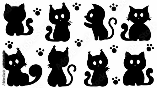 Adorable black cat silhouettes with paw prints on white background