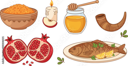 Rosh Hashanah Holiday Illustration Set Featuring Honey, Apples, Pomegranate, Shofar, Festive Candle, Fish Dish, and Traditional Jewish New Year Symbols