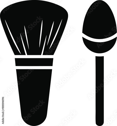 Makeup brush and cosmetic sponge applicator in simple black silhouette, essential tools for beauty and personal care routine