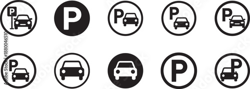 Circle car parking icon vector set with bold silhouette style, modern parking symbol isolated on white.