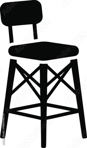 Modern tall black bar stool with backrest and X-shaped leg support isolated on transparent grid background