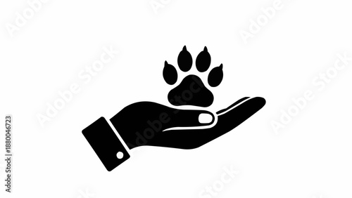Hand holding a paw print icon representing animal care.
