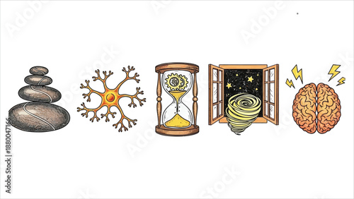 Set of six hand-drawn conceptual icons illustrating psychological states, including zen meditation, neuron function, stress, imagination, time, and mental process flow.eps