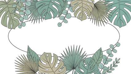 Tropical leaf frame with monstera and eucalyptus on white background