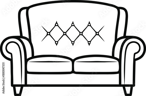 Elegant upholstered two seat sofa or loveseat with rolled arms and diamond button tufting texture classic furniture line art vector illustration