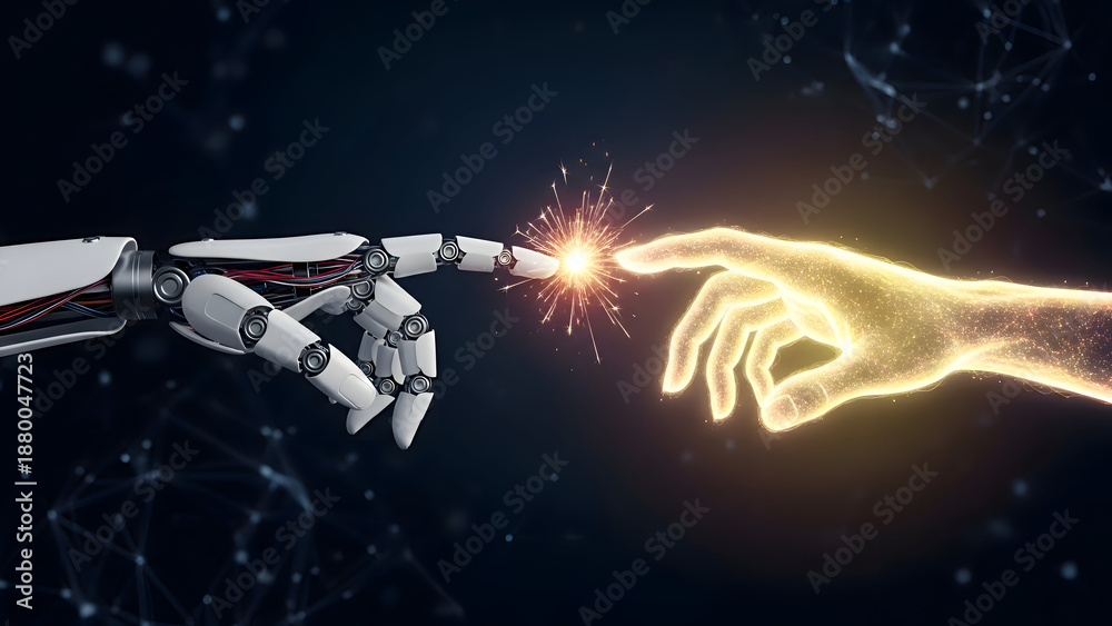 Naklejka premium A robotic hand and a human hand touching with a bright light between them in a dark space with stars