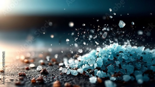Close-up of sparkling sea salt crystals scattered on a dark surface with water droplets.