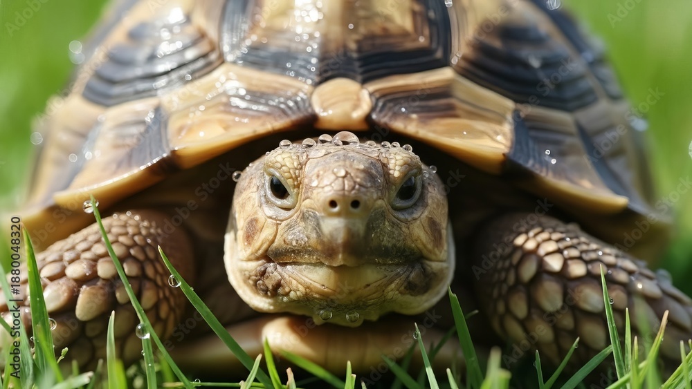 Naklejka premium Close-up of a curious tortoise with dewdrops on its shell, peeking through lush green grass.