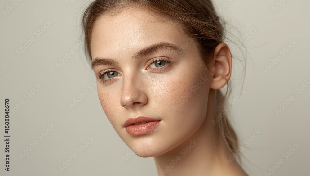 Fototapeta premium Acne-afflicted young woman against a pale backdrop.png