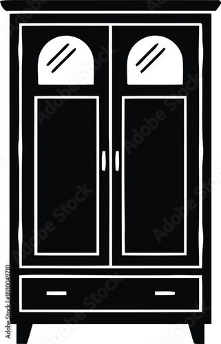 Classic wooden wardrobe silhouette with glass windows and bottom drawer for storage solutions and home furniture collection