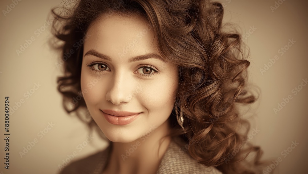 Naklejka premium Image of a beautiful young woman with curly hair in sepia.png