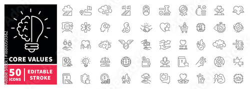 Core values icons set. editable line icons, outline, ethics and principles graphics