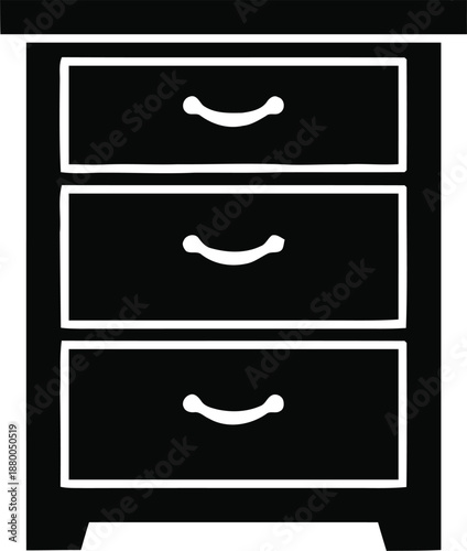 Black silhouette of a wooden nightstand with three drawers and handles on a transparent background