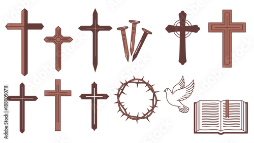 Various Brown and Dark Brown Crosses, Nails, Crown of Thorns, Dove, and Open Book